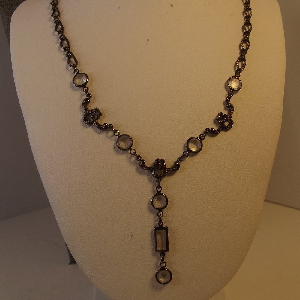 Dark Tone Metal Floral Theme Necklace with Bezel Set Crystals Goth Victorian